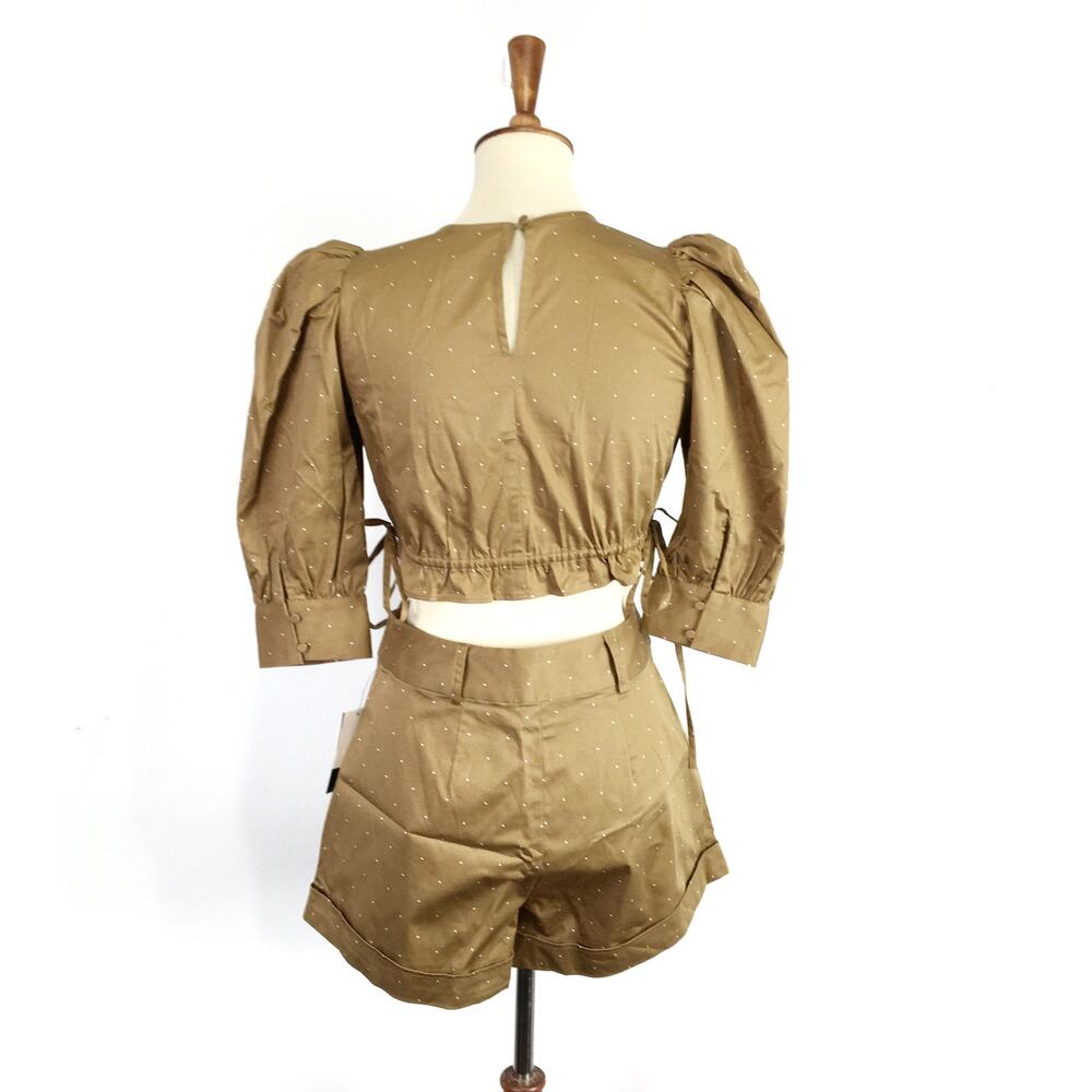 New Danielle Bernstein SET khaki dot puff sleeve top XS high waist shorts 4 NWT - Picture 2 of 5